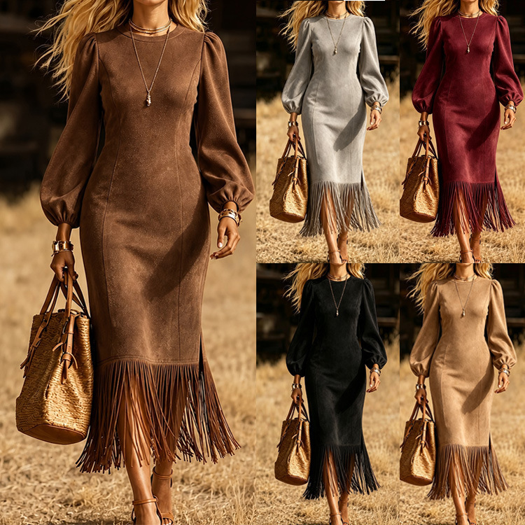 2026 cross-border European and American new style Amazon suede western-style fringed long-sleeve dress 2026 cross-border European and American new style Amazon suede western-style fringed long-sleeve dress