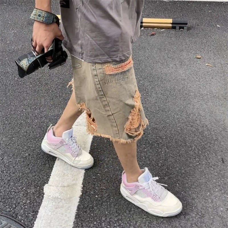 American-style High Street Vintage Beggar Papers Old Loose Cropped Pants Ins Rash Rip Denim Shorts Men's Trendy