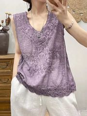 Ramie embroidered vest 2023 summer new style fashionable V-neck pullover top for women sleeveless outer wear suspenders 23-1