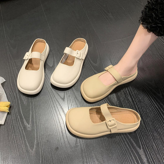 French gentle flat slip-on closed toe half slippers for women 2024 spring new all-match soft bottom lazy sandals