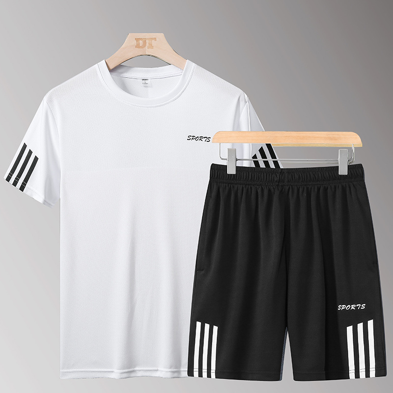 Trajes deportivos para hombres, hielo, correr, secado rápido, ropa de hombre, pantalones cortos de mangas cortas con una hermosa malla, un conjunto completo de ropa de verano.