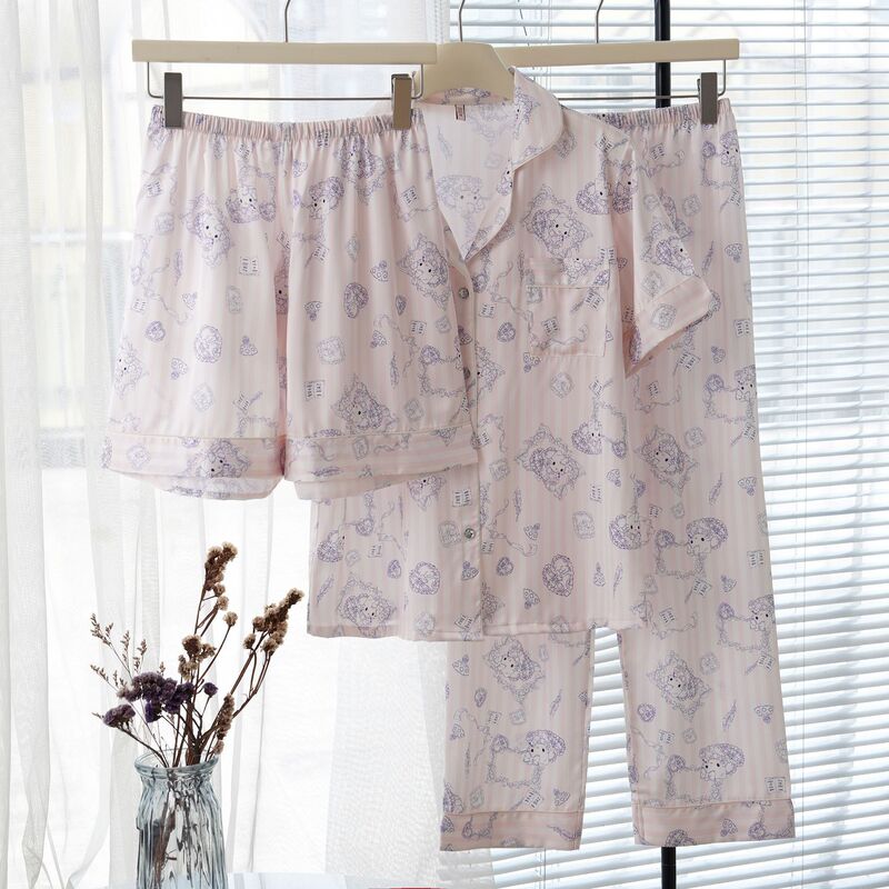 Women's Summer Ice Silk Pajamas Short-sleeved Trousers Three-piece Set KT Women's Summer Printed Home Clothes INS Style Little Red Book