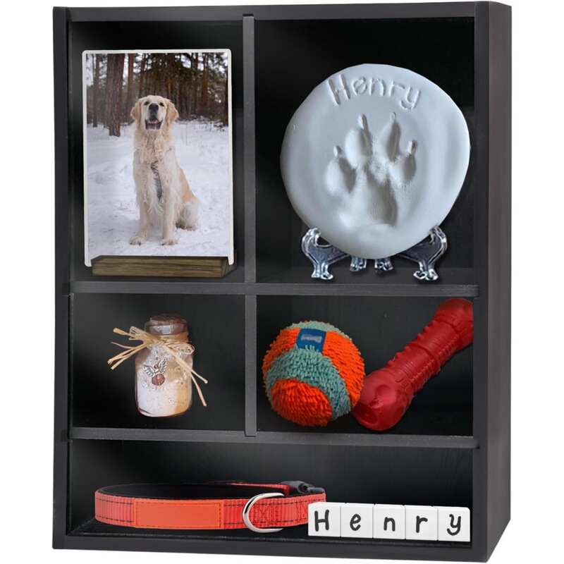 Black pet memorial storage box with removable dividers, six compartments for cat and dog keepsakes, paw print photos, wall-mounted display wooden box Black pet memorial storage box with removable dividers, six compartments for cat and dog keepsakes, paw print photos, wall-mounted display wooden box