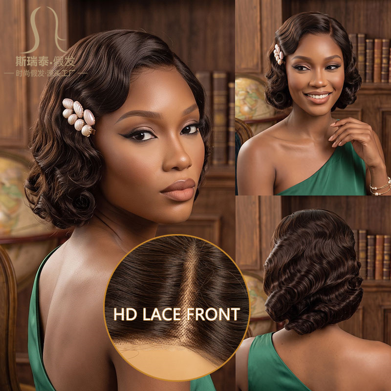 Guangzhou local warehouse hand-woven high-definition 6*4 synthetic fiber front lace wig, vintage natural brown, realistic and breathable wig