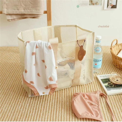 ins Korean beach bag large capacity outdoor solid color mesh swimming shoulder bag children's toy storage handbag