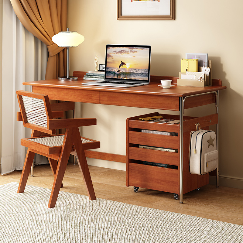 Rattan Chair, Vintage Solid Wood Desk, Computer Desk, Table with Backrest, Dining Chair, Cafe, Homestay, Balcony, Leisure, Retro