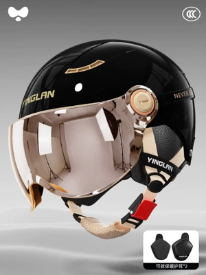 Motosiklet kaskı (dəbilqə), Yinglan Helmet Electric Vehicle Women's - 3c-shiny-black-electroplated-short-mirror-detachable-ear-protection-one-size-fits-all