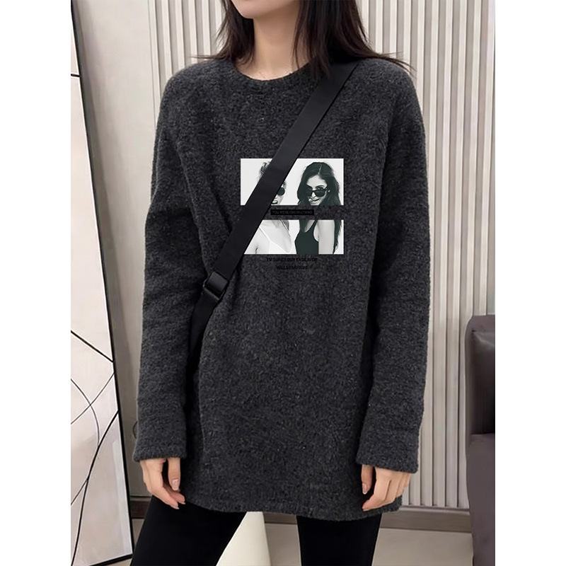 2026 New Style German Velvet Brushed Long-Sleeve T-Shirt for Women, Mid-Length Loose Plus-Size Top, Base Layer Shirt Paired with Shark Pants