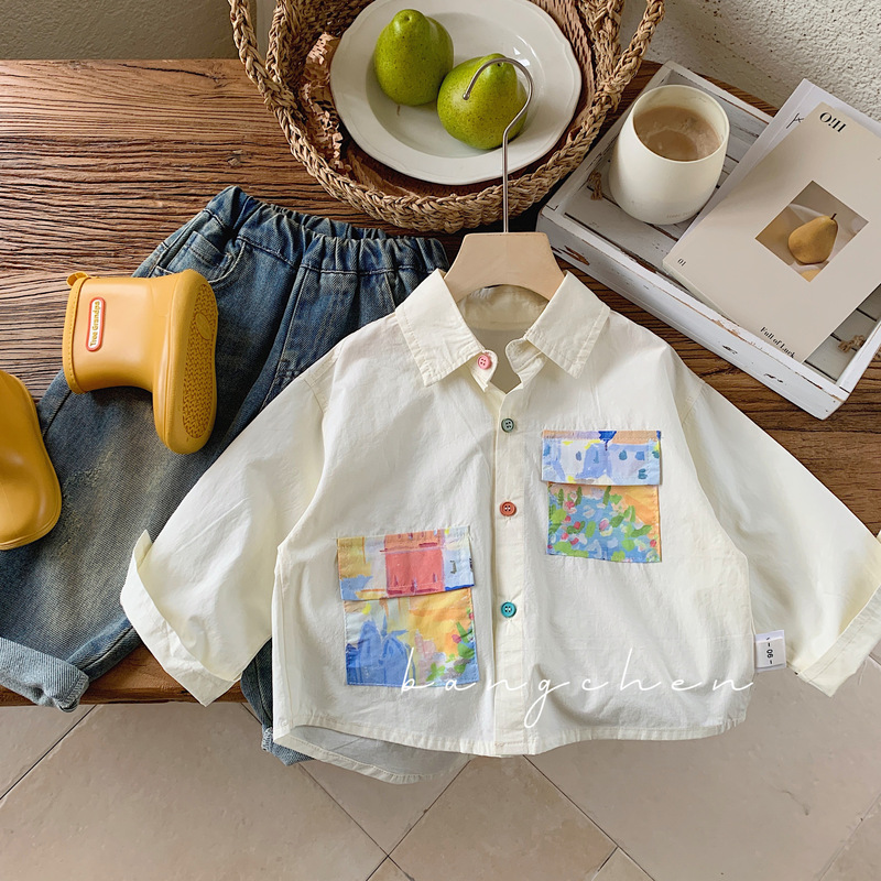 Children's Shirts Baicheng 2025 Autumn Boys' Colorfulful Button Shirts Kidsren's Clothing Trendy Painting Pocket Jacket G0059