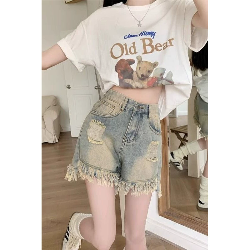 Лето 2025 новые стирание старые джинсовые шорты женские высокие талии, кисточки, широкие шорты дизайн