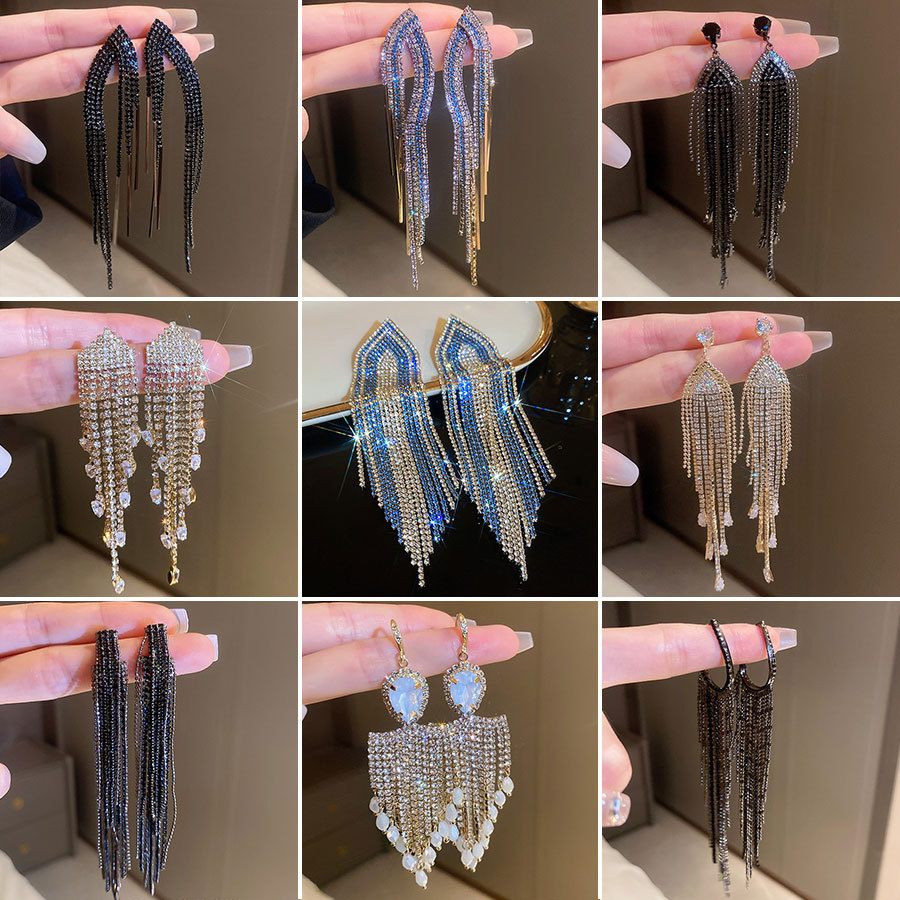 Aguja de plata pendientes de borla de diamantes completos exagerados europeos y americanos nicho ins personalidad pendientes de moda pendientes de temperamento al por mayor