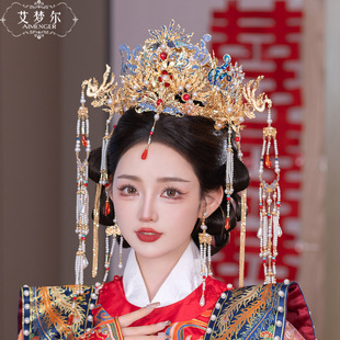 SE1039 Bride's Phoenix Crown Golden Burned Blue Craft Atmospheric Chinese Dinner Ceremony Crown Phoenix Crown Sundress Wedding Decoration