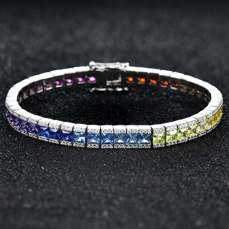 Princess Square Gradient Gem Rainbow Full Diamond Chain Sterling Silver Platinum Plated Color Sapphire Fashionable Elegant Bracelet for Women