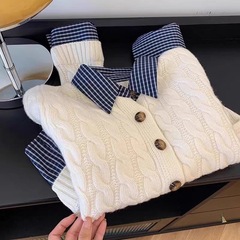 设计感假两件格子polo领撞色毛衣女秋冬新款拼接麻花针织上衣