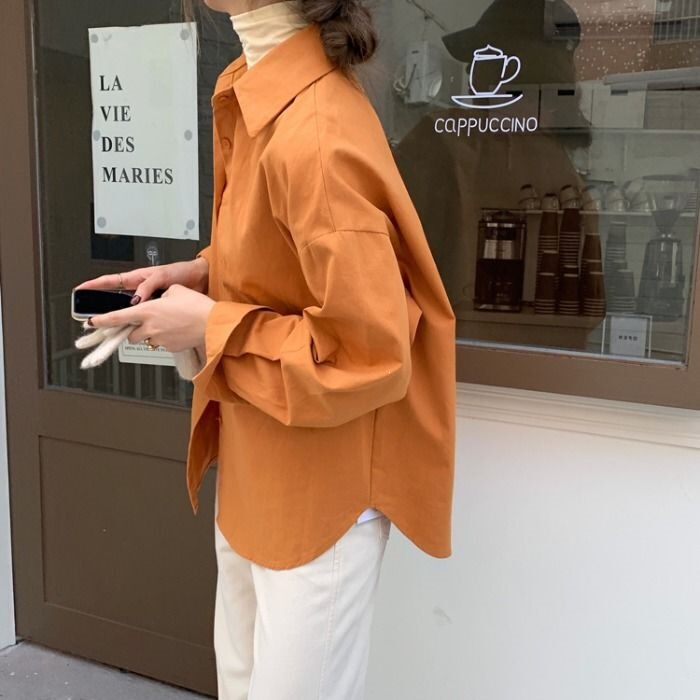 Bright orange women's shirt with a unique design, solid color, versatile, loose, casual, collared, long-sleeved, autumn top