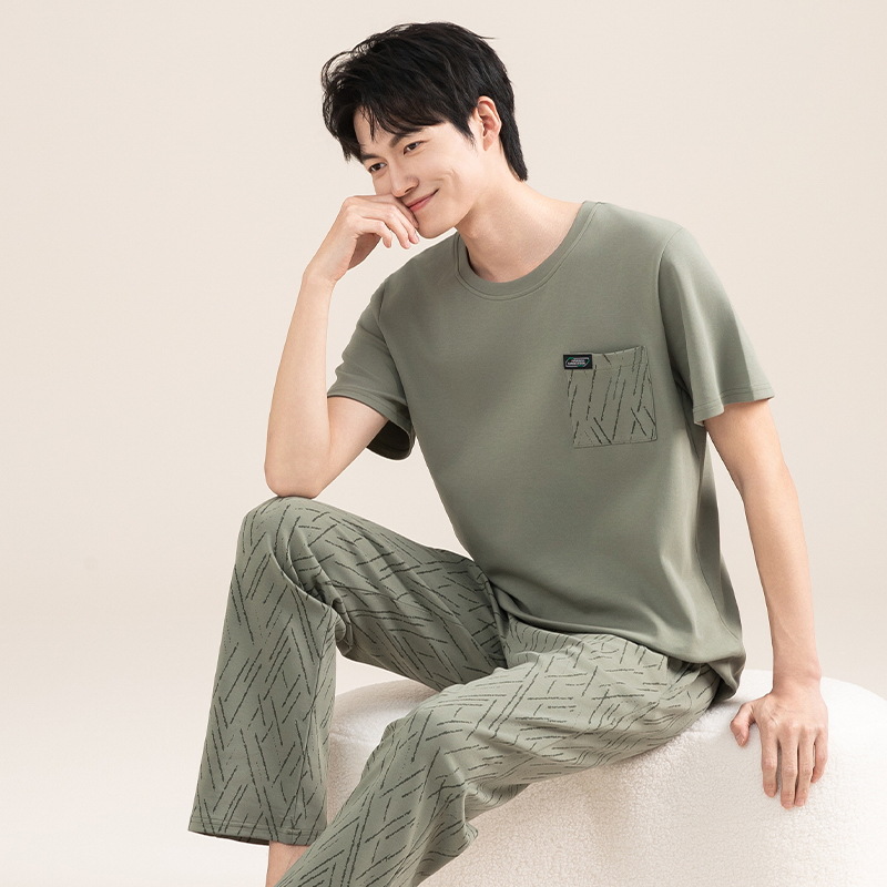 Summer New Cotton Pajamas Men's Fashionable Simple Casual Round Neck Short Sleeve Trousers Breathable Home Clothes Men's Suit