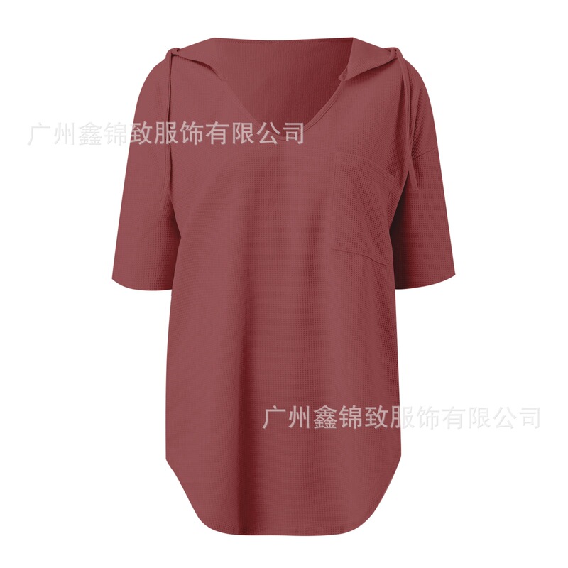 Cross-border 2025 Women's Summer Waffle Knit Short-sleeved Top Lightweight Drawstring Hoodie V-neck Shirt