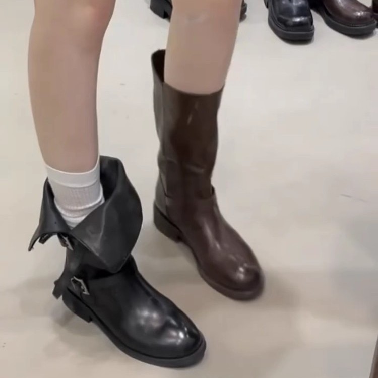 羊皮版~复古圆头粗跟中筒靴女两穿翻折真皮显瘦骑士靴皮带扣短靴|undefined