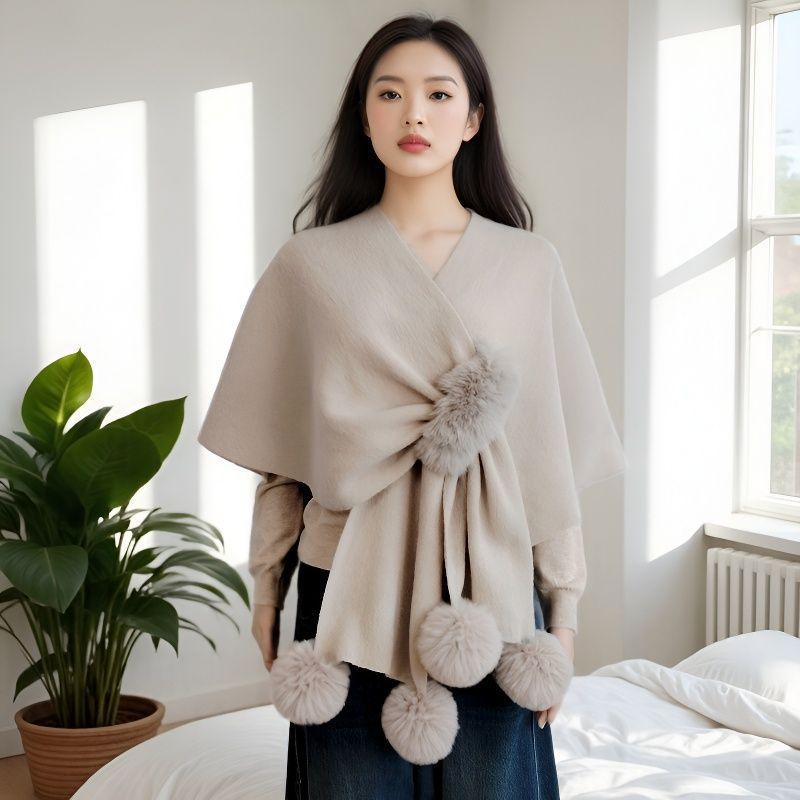 Cross-Border Fashion European and American Fur Collar Shawl Amazon Coat Knitted Fur Ball Cardigan