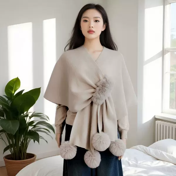 Cross-Border Fashion European and American Fur Collar Shawl Amazon Coat Knitted Fur Ball Cardigan