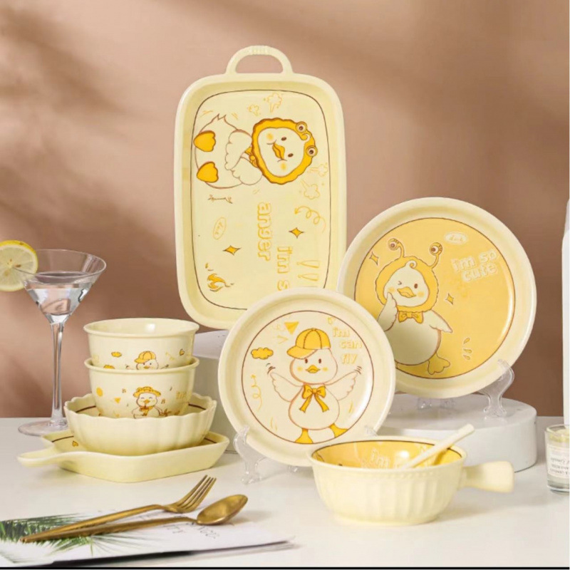 Cute Duck Cartoon Ceramic Dishes and Dinnerware Ins High Color Value Cream Style Binaural Soup Bowl Noodle Bowl Dish Plate Tableware