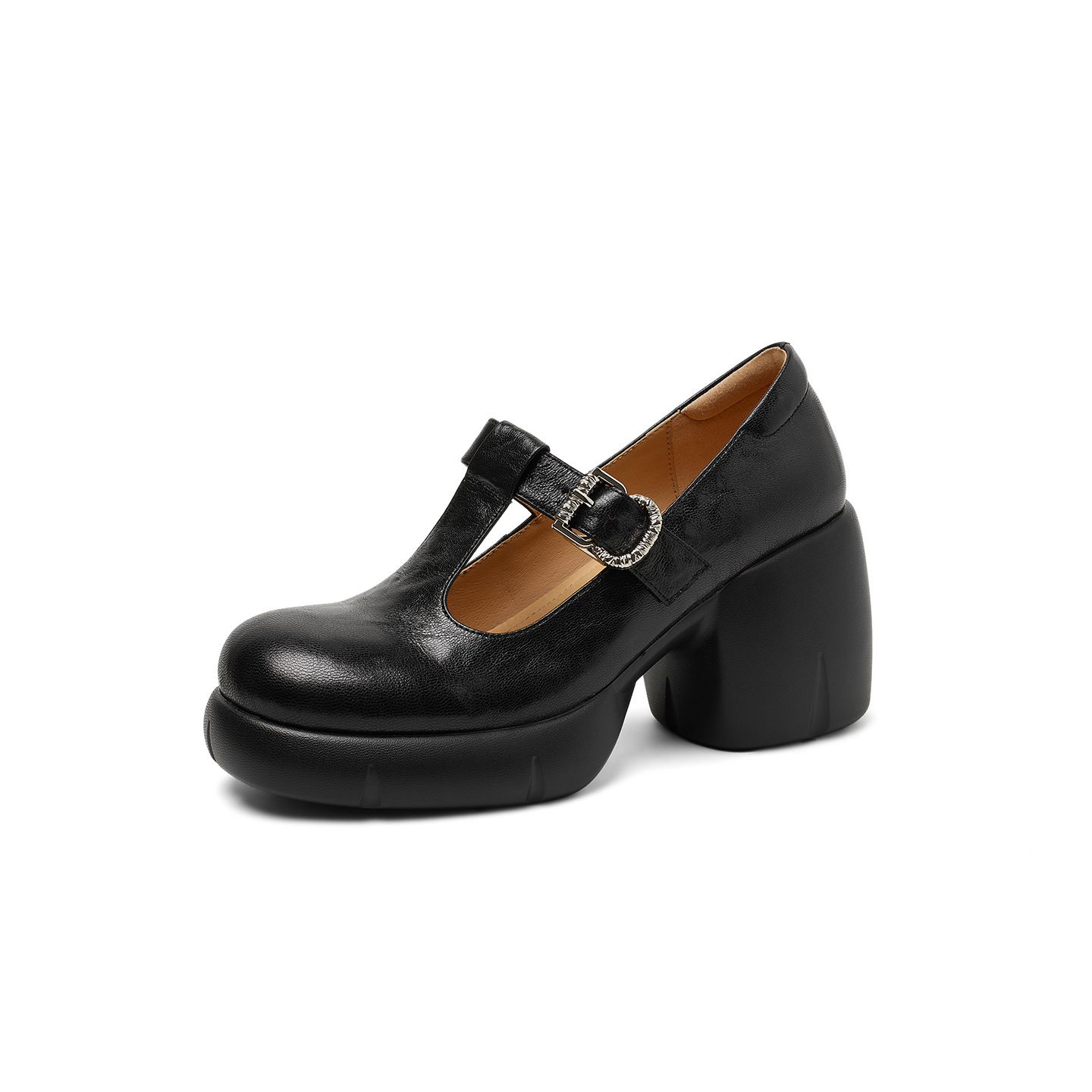 Giày Mary Jane nữ da cừu cao cấp gót vuông 8 cm quai ngang khóa chữ T — màu đen