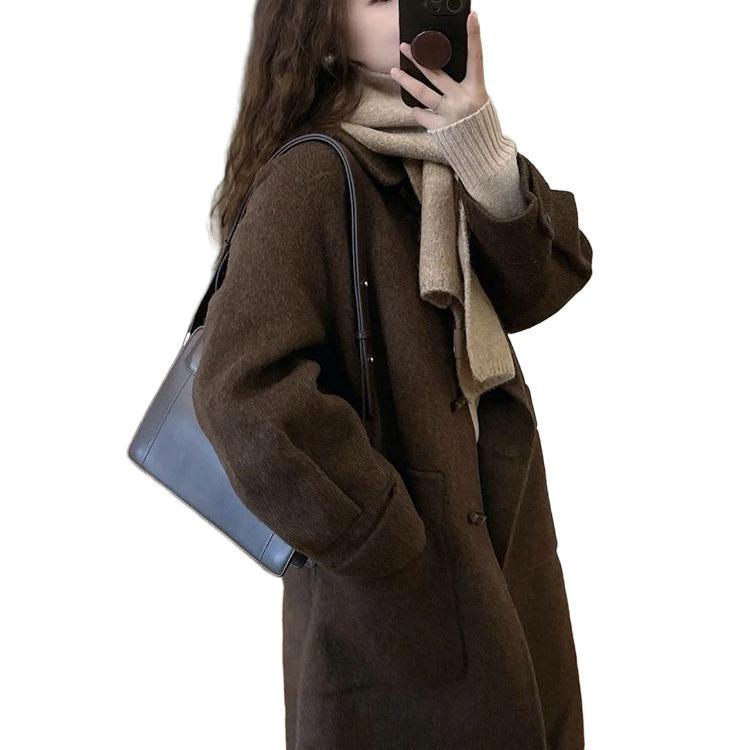 反季咖色牛角扣加厚呢大衣女2025秋冬新款小个子加绒呢外套赫本风|undefined