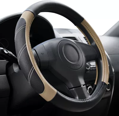 non-slip leather car SUV – Steering wheel cover - cross-border-plastic-rings-sports-style-black-beige-38cm
