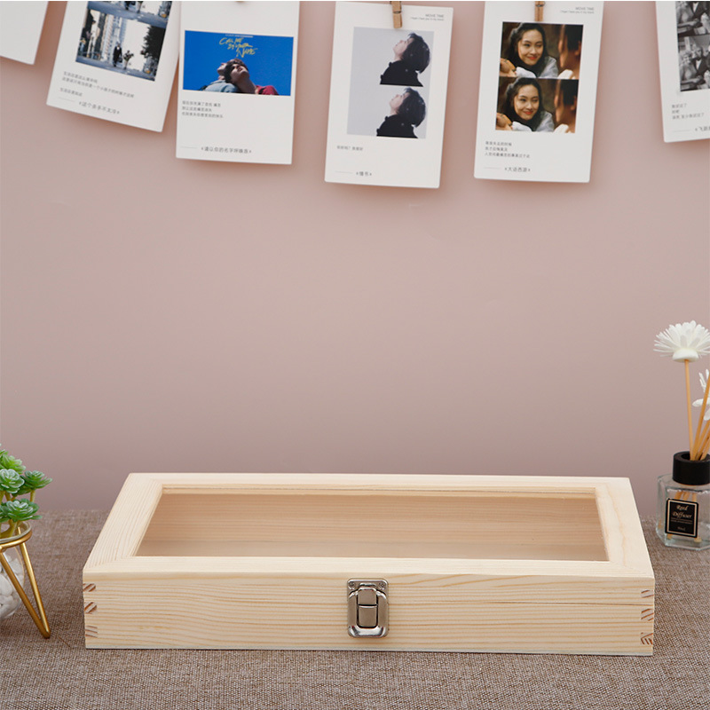 Display Wooden Box with Lock Transparent Storage Box Jewelry Accompanying Gift Box Rectangular Collection Badge Small Wooden Box