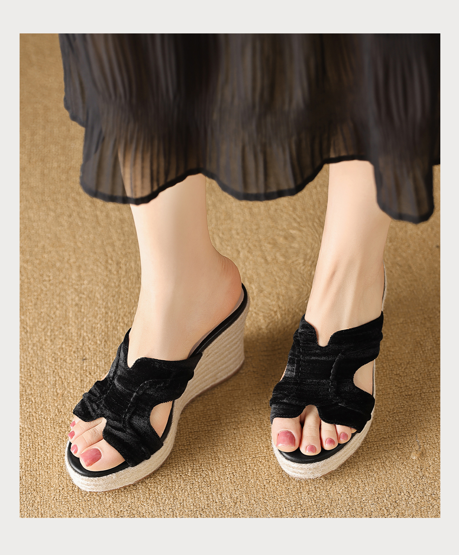 Sandal cao gót nữ đế xuồng phong cách Bohemian, quai ngang đan mây, gót 9 cm — màu đen, màu mơ chi tiết 14
