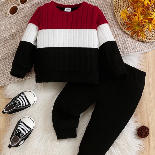Cross-border autumn and winter boys 'sweaters set splicing color contrast warm long-sleeved sweaters casual sports two-piece set wholesale