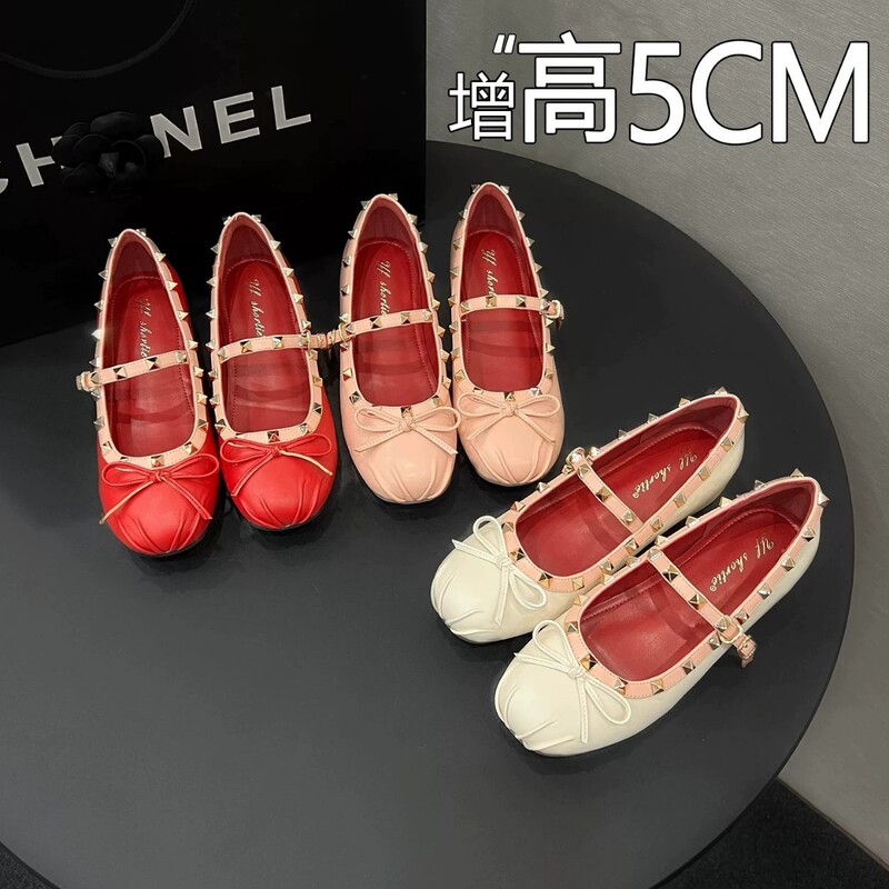 Women's Flat Mary Jane Shoes with 5cm Hidden Heel, Rivet Strap, Ballet Style, Bow, Versatile for Petite Individuals Women's Flat Mary Jane Shoes with 5cm Hidden Heel, Rivet Strap, Ballet Style, Bow, Versatile for Petite Individuals
