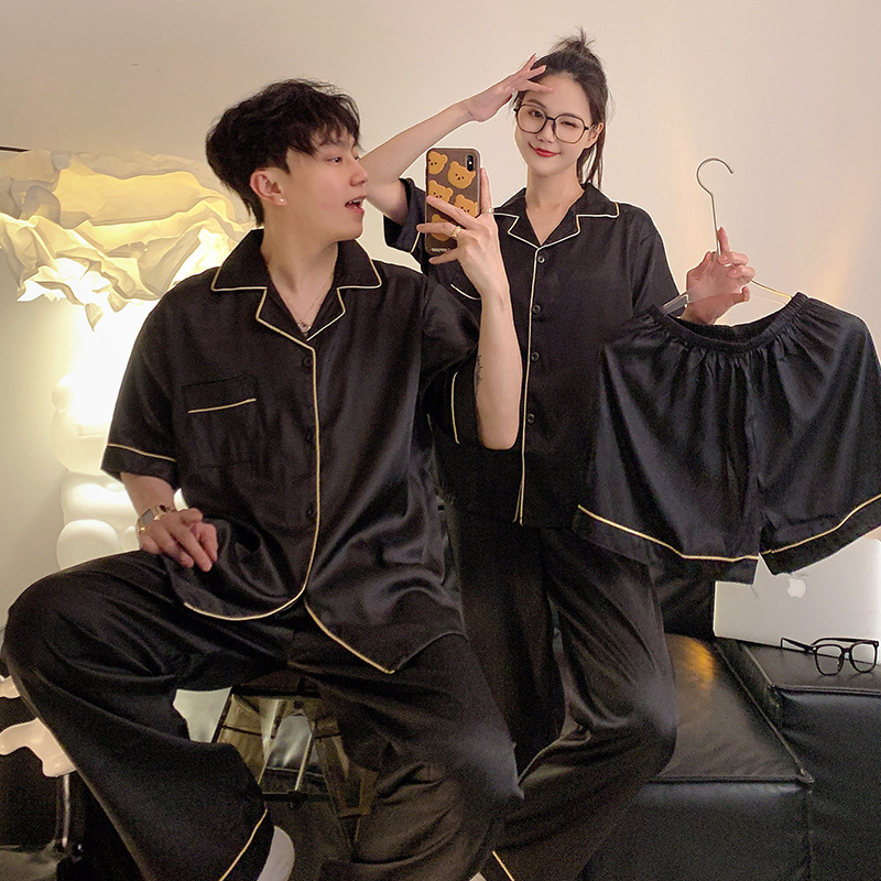 Pajamas de pareja de letras de alto sentido primavera y verano de seda de hielo pantalones de manga corta de tres piezas set de ropa de casa de verano