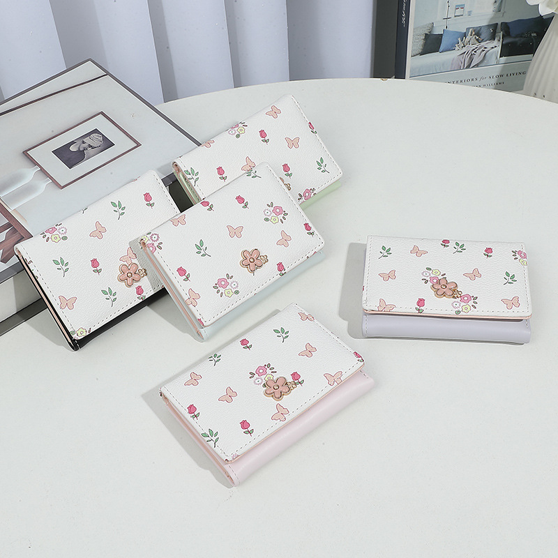 Cartera de flores transfronterizas corta bolso de tarjetas de chicas tri-plegado bolso de cambio multifuncional japonés