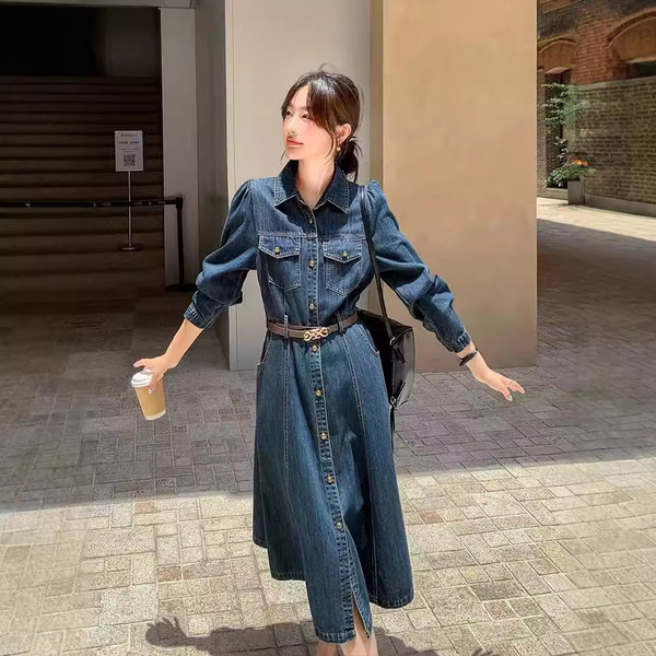 Demi-season long denim dress