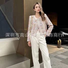 深圳南油高端女装欧美原单小香名媛风彩色编织花呢气质优雅短外套