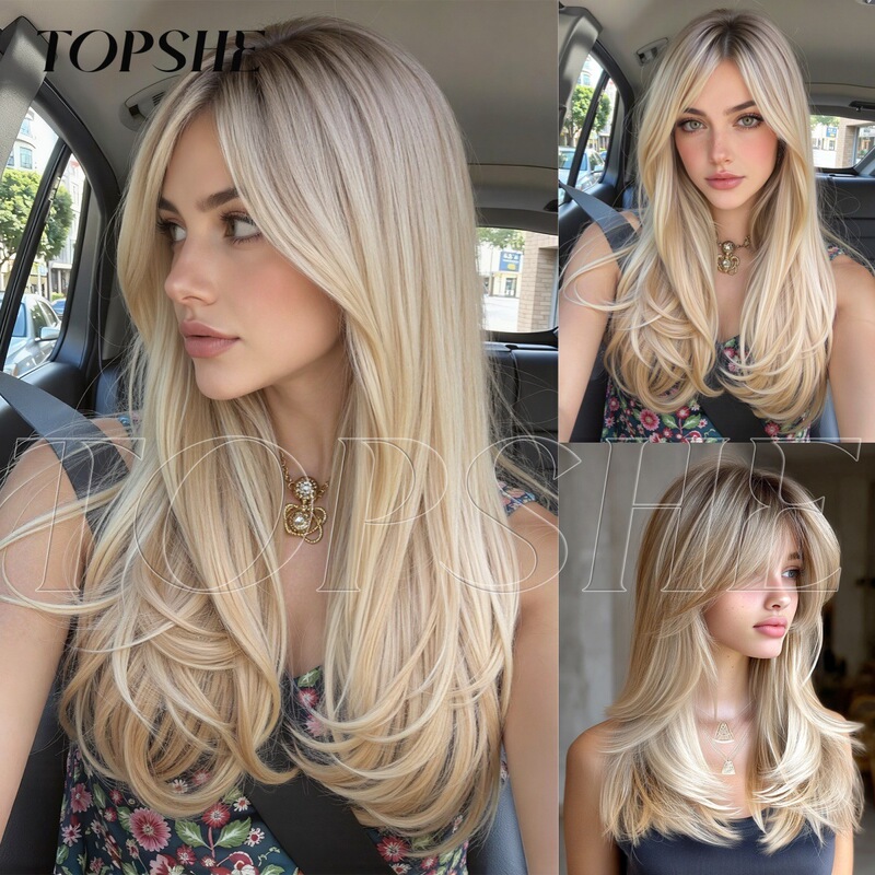 Hot-Selling European and American Wig for Women with Full Head Cover, Gradient Blonde with Bangs, Curly Ends, High-Temperature Synthetic Fiber Wig