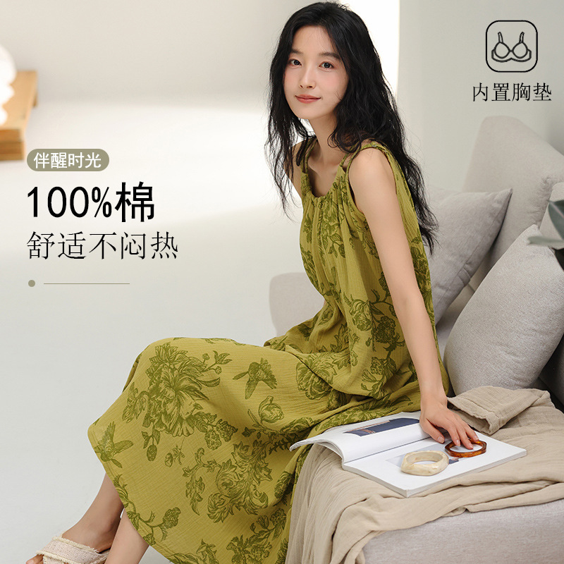 여성용 가슴 패드가 있는 서스펜더 잠옷, 여성용 여름 순면 더블 레이어 거즈 조끼, 고급 롱 드레스