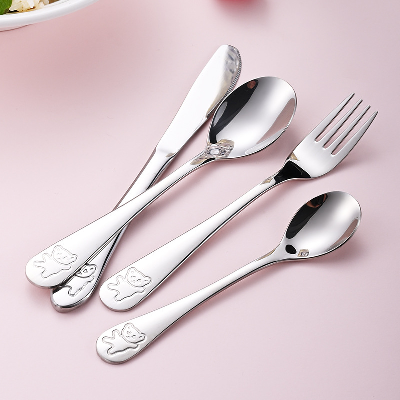 Peralatan makan stainless steel anak-anak, setelan 4 buah pisau beruang kartun, garpu, Sendok, sendok teh, peralatan makan untuk hadiah taman kanak-kanak 304