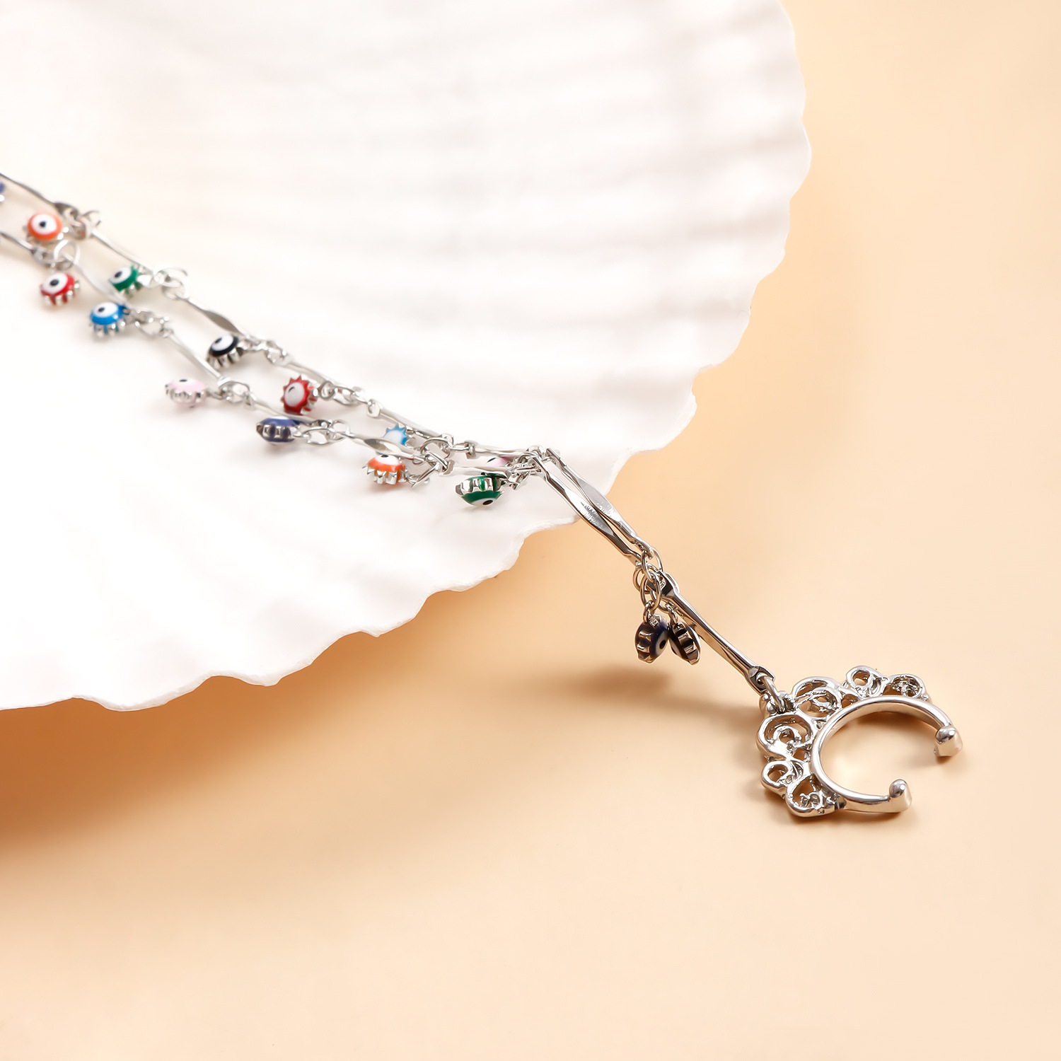 Teufelsauge-Quasten-Nasenring an Ohrkette mit Nieten, nicht durchbohrter Septum-Reifenring, indischer Bauchtanz, Party-Nasenzubehör für Frauen und Mädchen_voghion.com