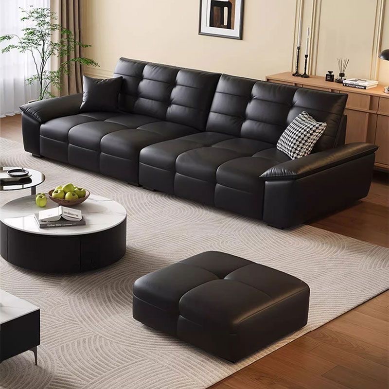 Modern Minimalist Eco-Friendly Genuine Leather Sofa for Small Living Rooms, Puff Internet Celebrity Sofa, Large Black Cowhide Sofa