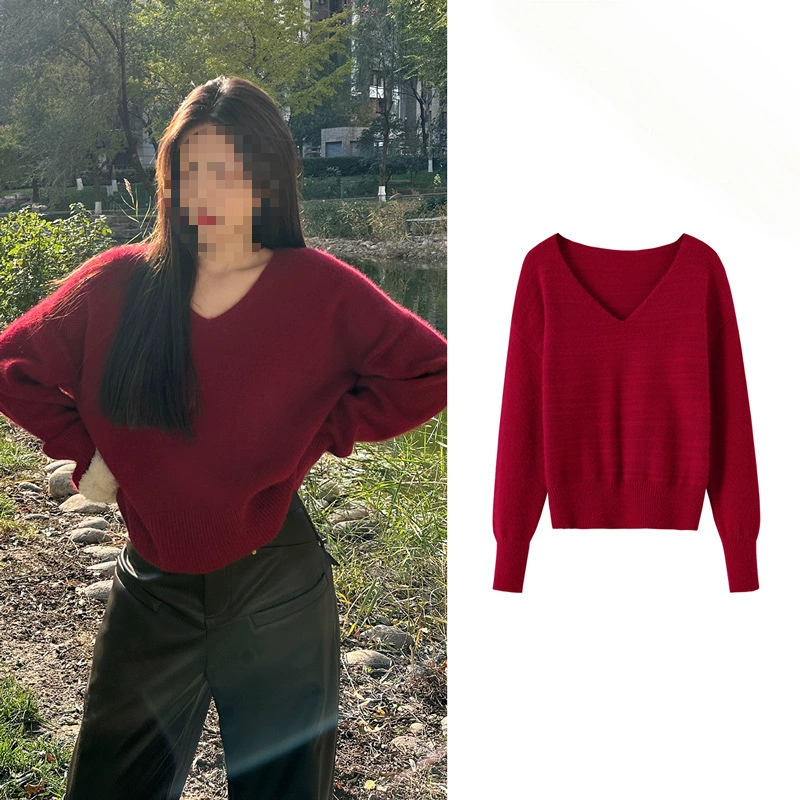 Ян Chaoyue же свитер V-образным вырезом красный свитер Ленивый Стиль Осень и Зима Свободный длинный рукав вязаный Топ для женщин