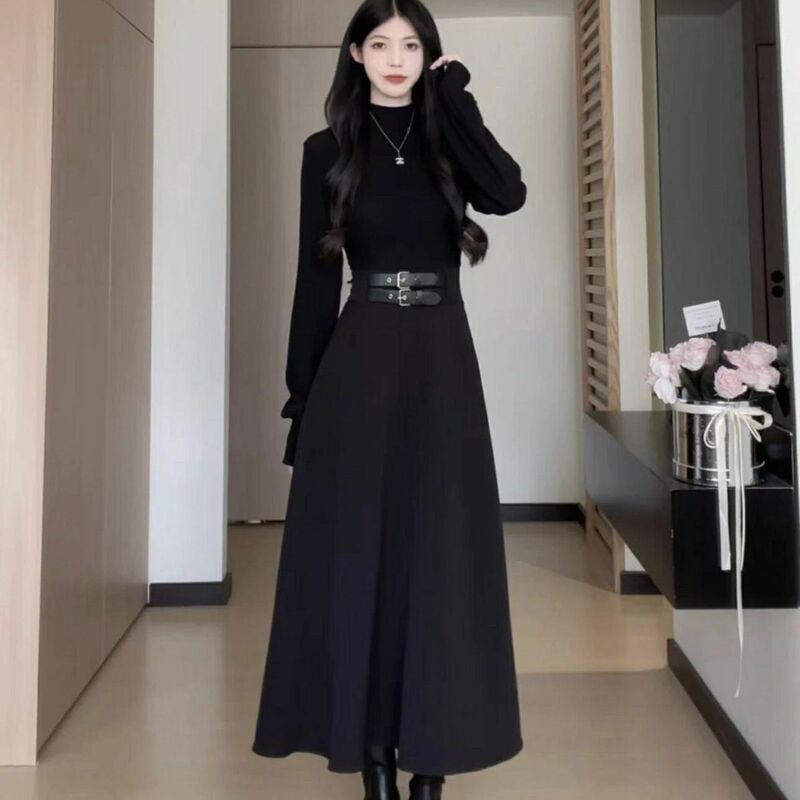 Plus Size High Collar Little Black Dress 2025 Autumn and Winter Bottoming Skirt Gentle Slimming Look Waist Dress Slim Skirt Women's Clothing