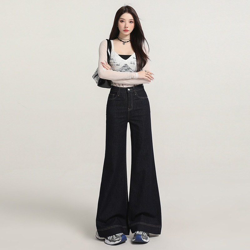 美式复古百搭时尚阔腿牛仔裤女早秋新款舒适高腰垂顺宽松微喇叭裤|undefined