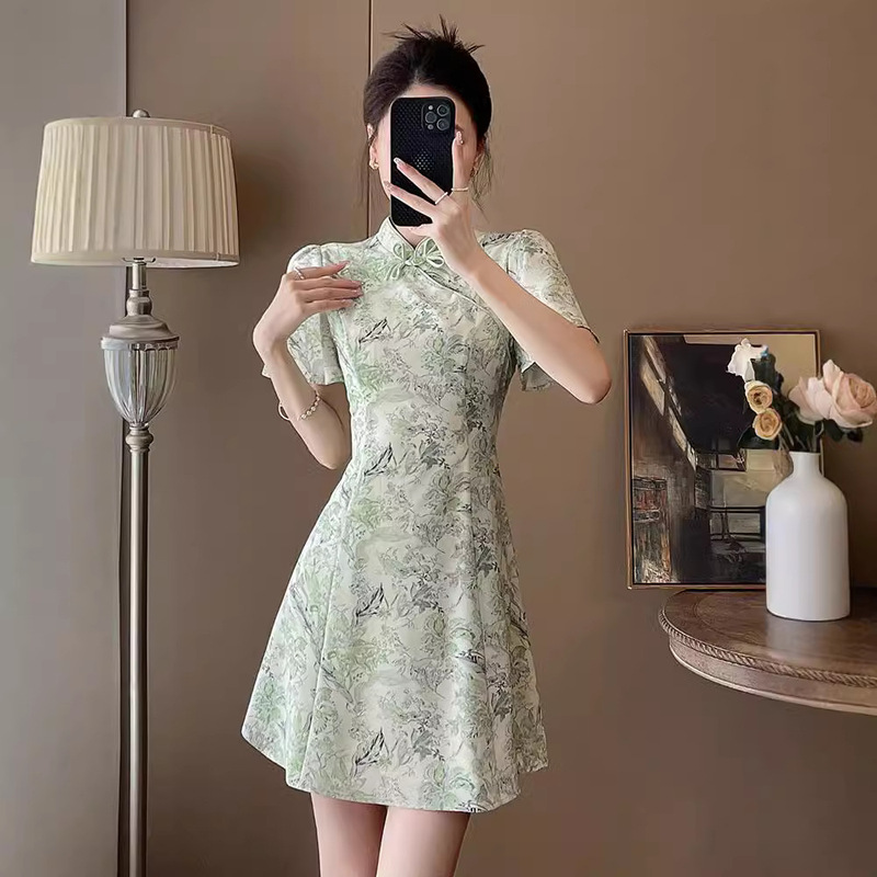 Summer Elegant Slim Look Girl's French-style Tight Waist Small Vintage Slim-fit Chinese Style Women's Clothing Cheongsam dress Women