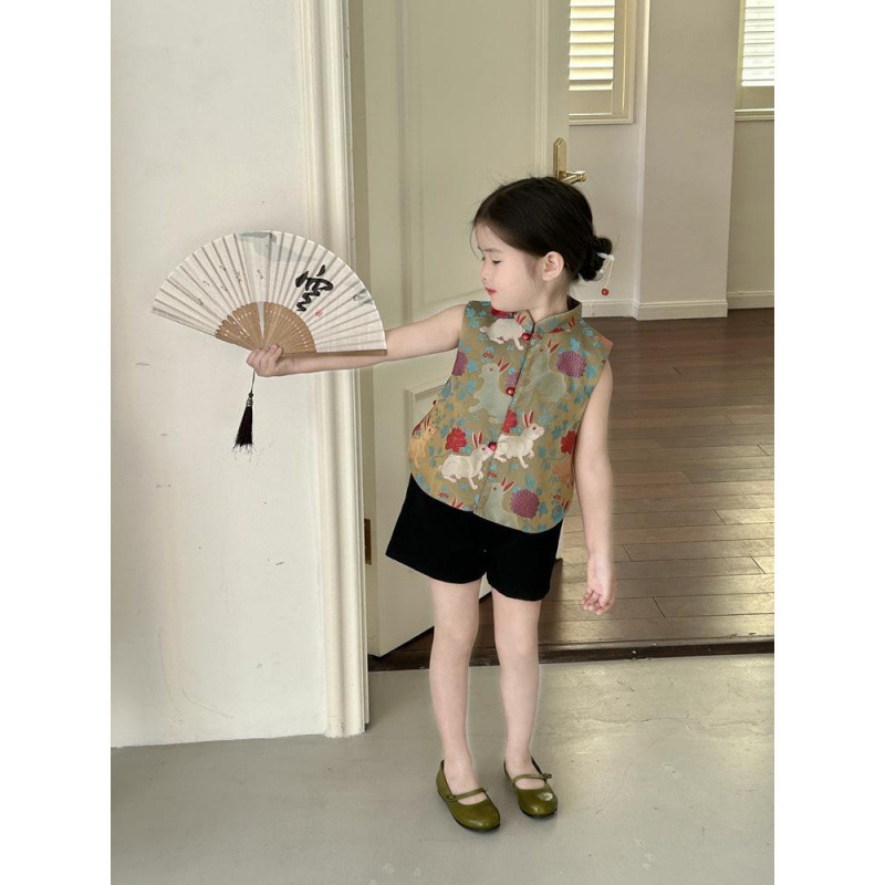 Girls' New Chinese Style Jade Rabbit Vest Summer Outfit 2025 New Children's National Style Button Vest Set for Summer Baby Girls