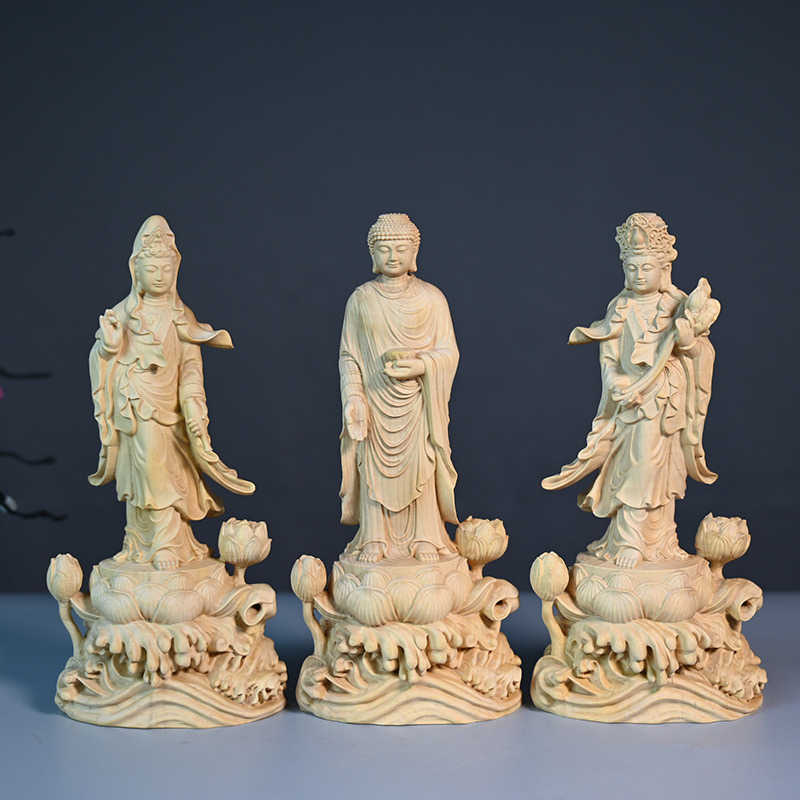 黄杨木雕刻立西方三圣摆饰室内家居装饰品供奉摆件桌面立像工艺品