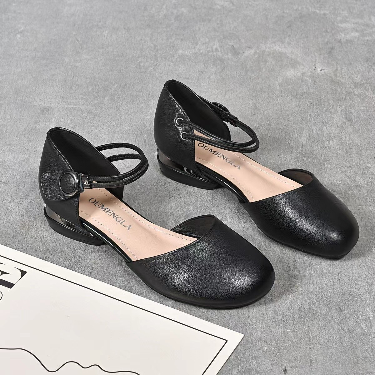 Sandal nữ mũi tròn da thật quai đơn gót thấp đế mềm — Màu đen chi tiết 8