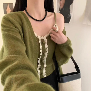 Korean Versatile Pure Color Long-Sleeved Sweater Cardigan for Women Autumn and Winter New Layered Lace Knitted Suspender Suit