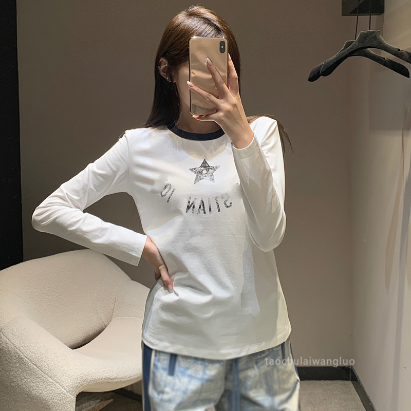 五角星印花撞色拼接长袖T恤 简约随性风内外百搭圆领上衣 ZT63071|undefined